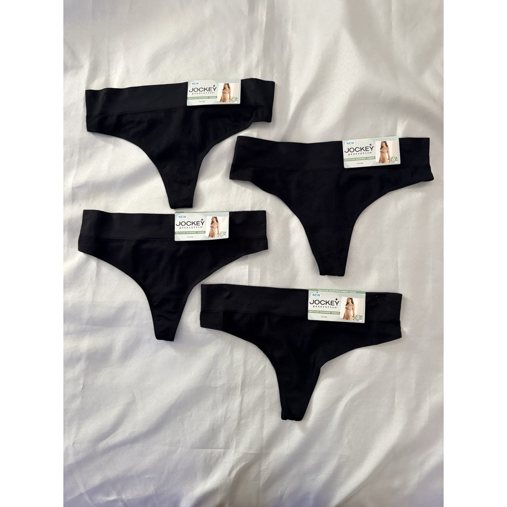 NEW JOCKEY Generation Black Seamfree Ribbed Thong Panty Womens Size Large 4 Pair